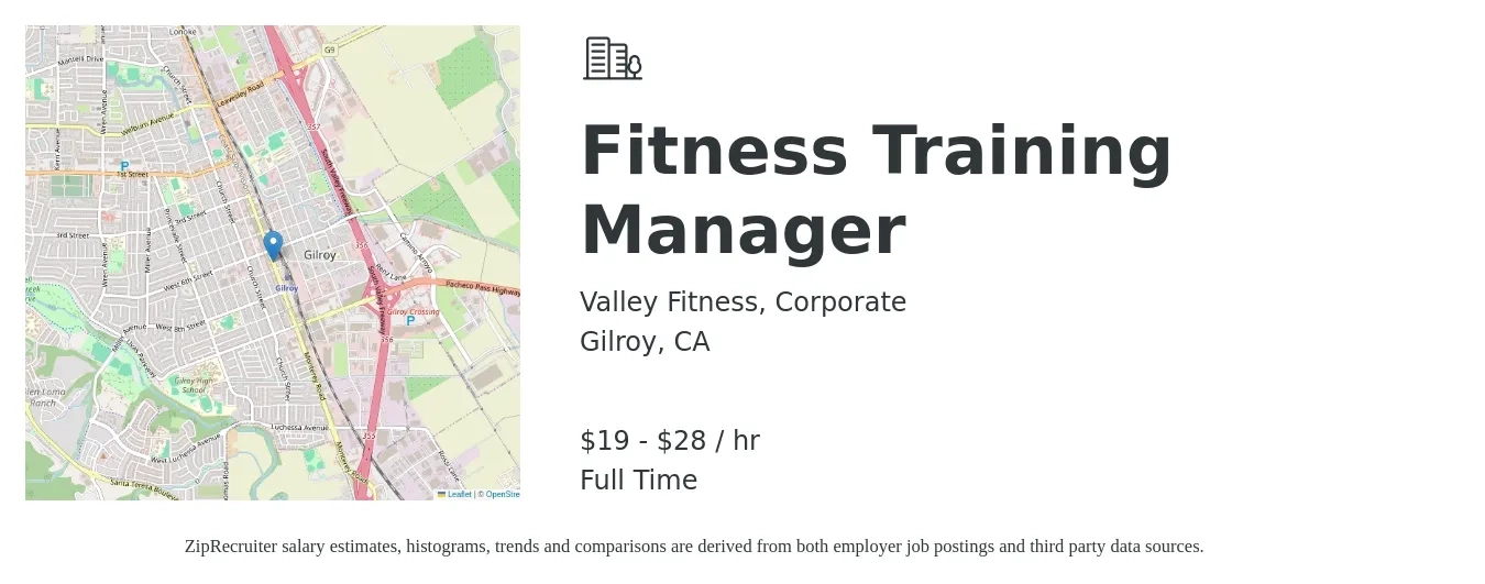 Valley Fitness, Corporate job posting for a Fitness Training Manager in Gilroy, CA with a salary of $20 to $30 Hourly with a map of Gilroy location.