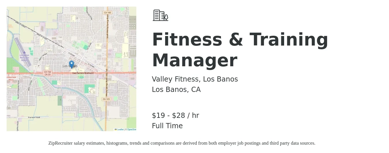 Valley Fitness, Los Banos job posting for a Fitness & Training Manager in Los Banos, CA with a salary of $20 to $30 Hourly with a map of Los Banos location.