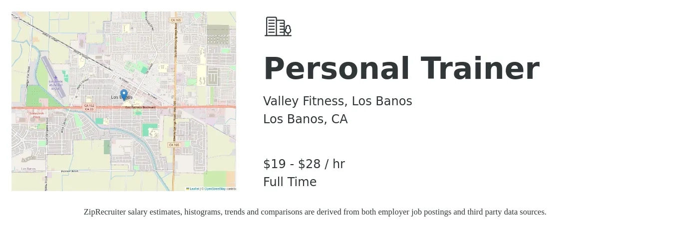 Valley Fitness, Los Banos job posting for a Personal Trainer in Los Banos, CA with a salary of $20 to $30 Hourly with a map of Los Banos location.