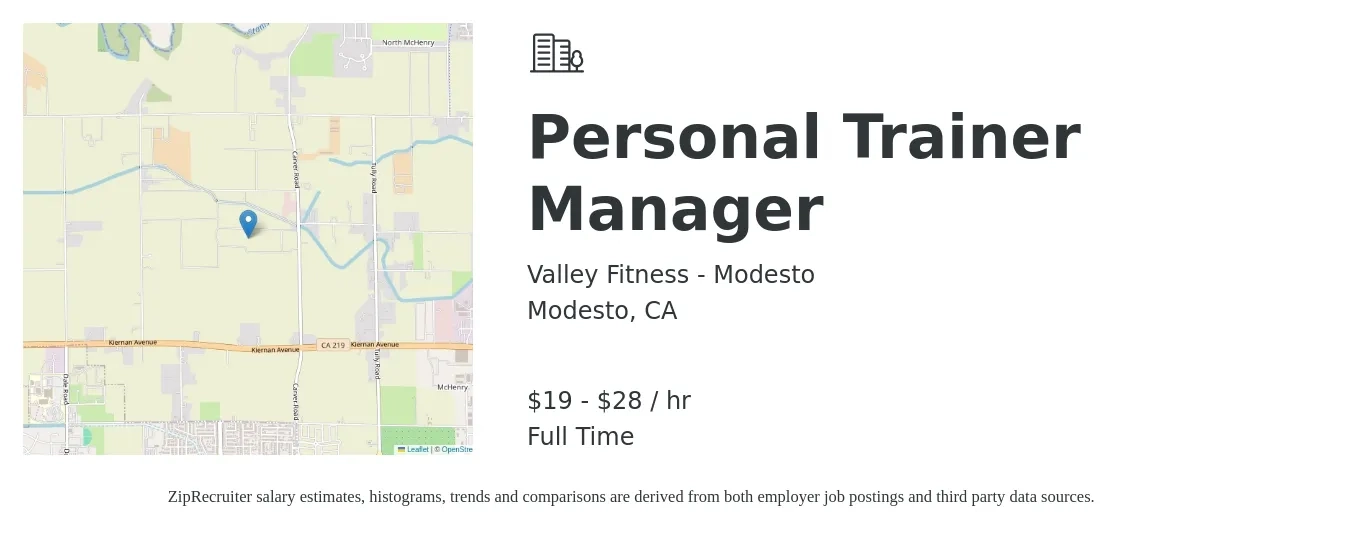 Valley Fitness - Modesto job posting for a Personal Trainer Manager in Modesto, CA with a salary of $20 to $30 Hourly with a map of Modesto location.