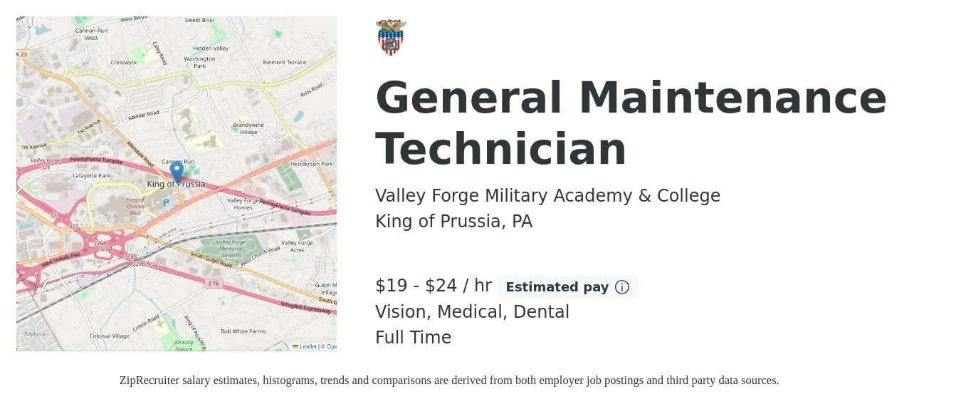 Valley Forge Military Academy & College job posting for a General Maintenance Technician in King of Prussia, PA with a salary of $20 to $25 Hourly and benefits including medical, pto, retirement, vision, dental, and life_insurance with a map of King of Prussia location.