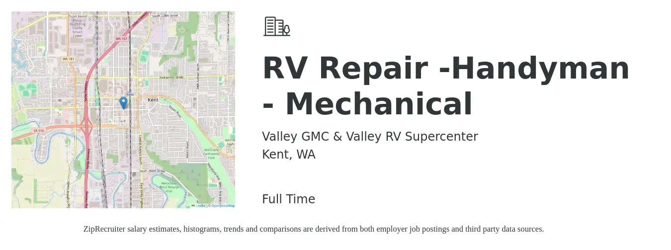Valley GMC & Valley RV Supercenter job posting for a RV Repair -Handyman - Mechanical in Kent, WA with a salary of $24 to $34 Hourly with a map of Kent location.