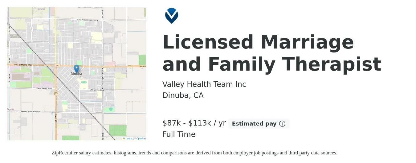 Valley Health Team Inc job posting for a Licensed Marriage and Family Therapist in Dinuba, CA with a salary of $87,350 to $113,972 Yearly with a map of Dinuba location.