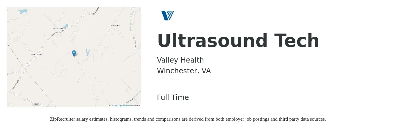 Valley Health job posting for a Ultrasound Tech in Winchester, VA with a salary of $1,230 to $2,470 Weekly with a map of Winchester location.