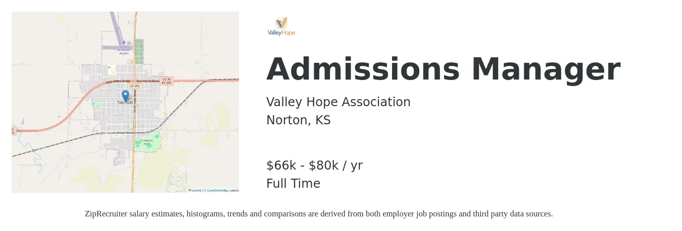 Valley Hope Association job posting for a Admissions Manager in Norton, KS with a salary of $66,000 to $80,000 Yearly with a map of Norton location.
