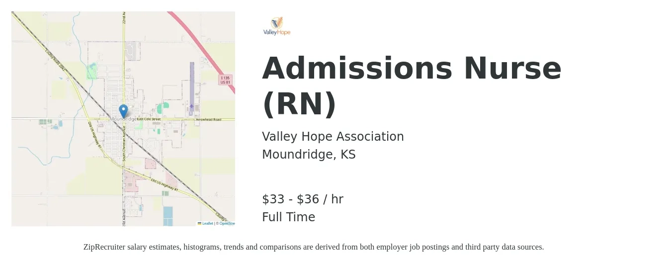 Valley Hope Association job posting for a Admissions Nurse (RN) in Moundridge, KS with a salary of $35 to $38 Hourly with a map of Moundridge location.