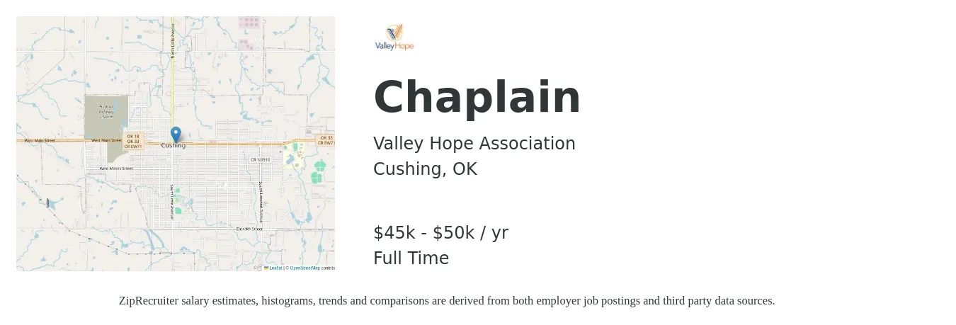 Valley Hope Association job posting for a Chaplain in Cushing, OK with a salary of $45,000 to $50,000 Yearly with a map of Cushing location.