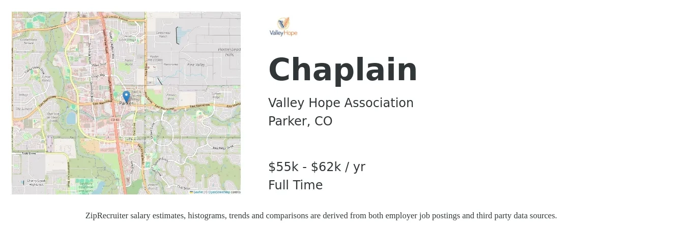 Valley Hope Association job posting for a Chaplain in Parker, CO with a salary of $55,000 to $62,000 Yearly with a map of Parker location.