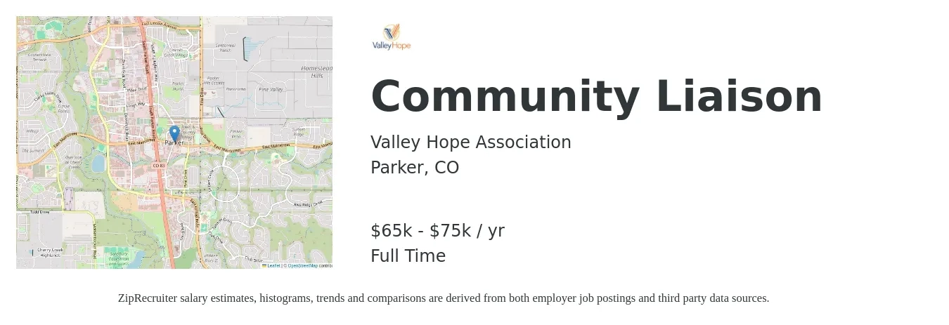 Valley Hope Association job posting for a Community Liaison in Parker, CO with a salary of $65,000 to $75,000 Yearly with a map of Parker location.