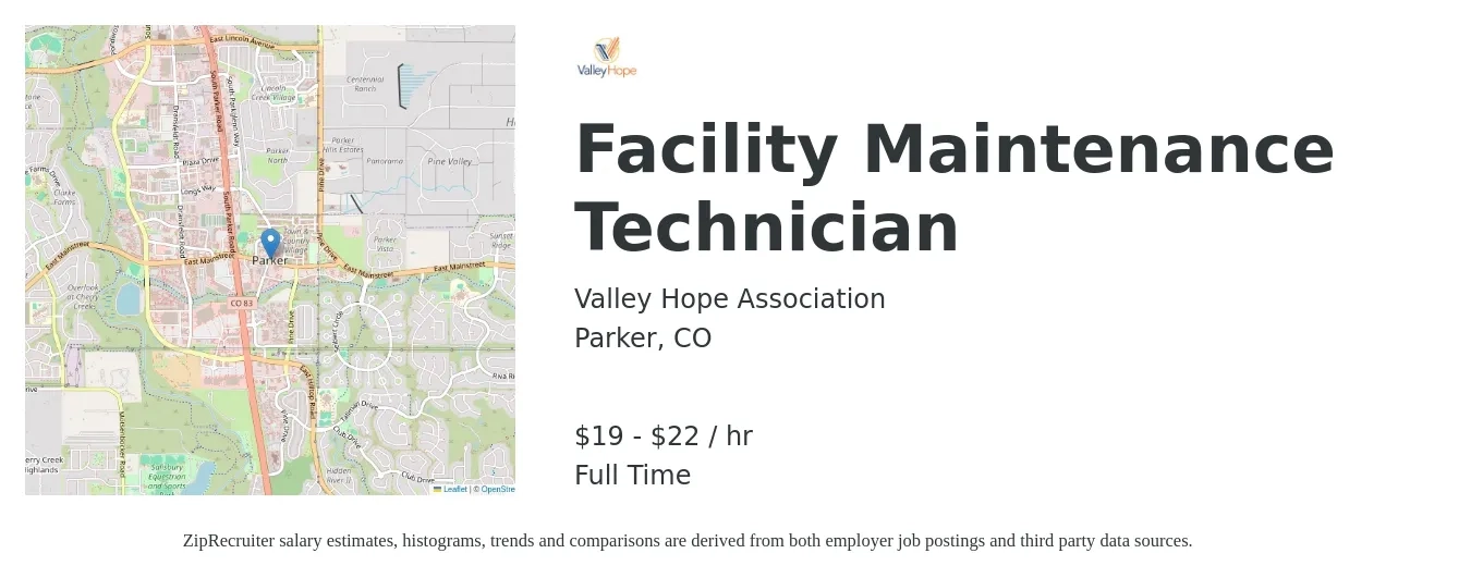 Valley Hope Association job posting for a Facility Maintenance Technician in Parker, CO with a salary of $20 to $23 Hourly with a map of Parker location.