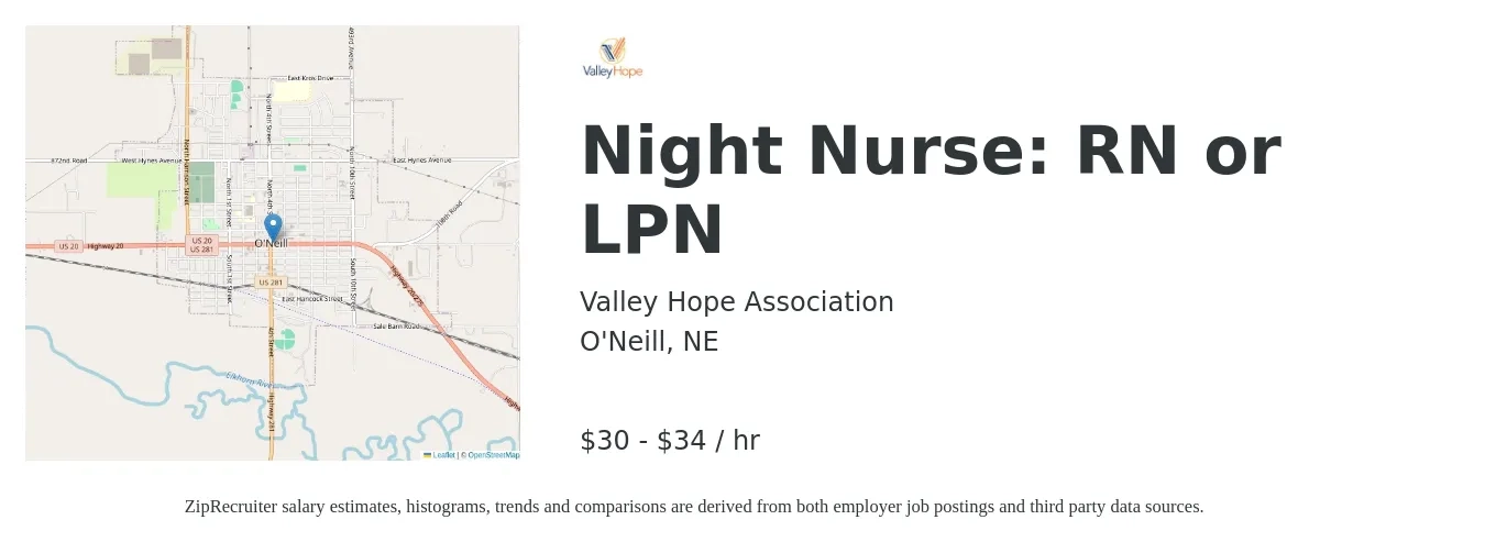 Valley Hope Association job posting for a Night Nurse: RN or LPN in O'Neill, NE with a salary of $32 to $36 Hourly with a map of O'Neill location.