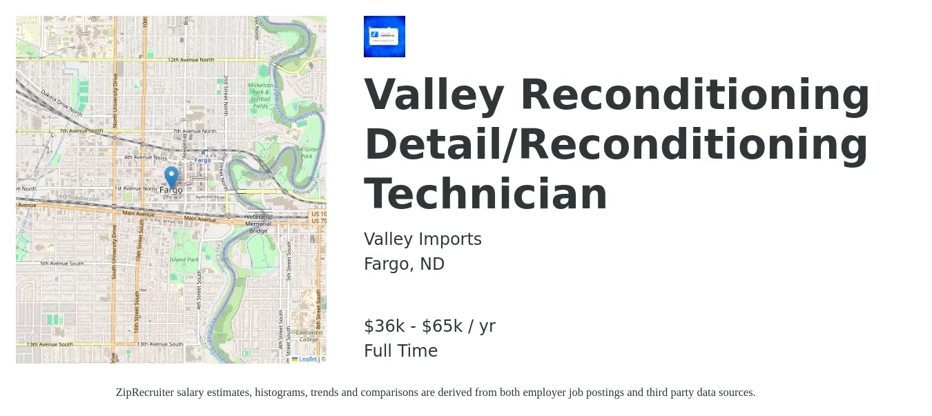 Valley Imports job posting for a Valley Reconditioning Detail/Reconditioning Technician in Fargo, ND with a salary of $36,000 to $65,000 Yearly with a map of Fargo location.