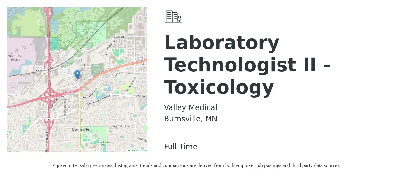 Valley Medical job posting for a Laboratory Technologist II - Toxicology in Burnsville, MN with a salary of $26 to $50 Hourly with a map of Burnsville location.