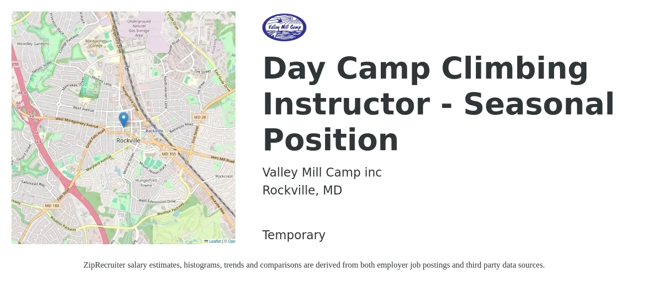 Valley Mill Camp inc job posting for a Day Camp Climbing Instructor - Seasonal Position in Rockville, MD with a salary of $100 to $125 Daily with a map of Rockville location.