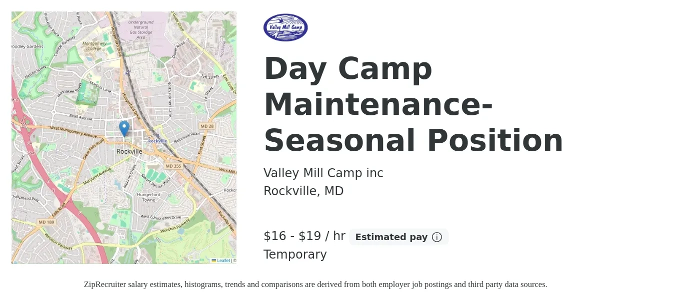 Valley Mill Camp inc job posting for a Day Camp Maintenance- Seasonal Position in Rockville, MD with a salary of $17 to $20 Hourly with a map of Rockville location.