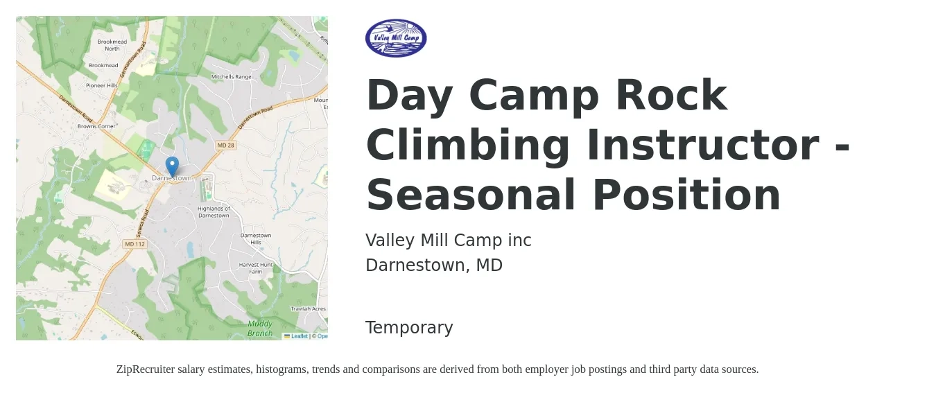 Valley Mill Camp inc job posting for a Day Camp Rock Climbing Instructor - Seasonal Position in Darnestown, MD with a salary of $100 to $125 Daily with a map of Darnestown location.