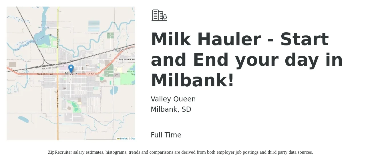 Valley Queen job posting for a Milk Hauler - Start and End your day in Milbank! in Milbank, SD with a salary of $11 to $25 Hourly with a map of Milbank location.