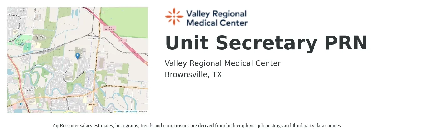 Valley Regional Medical Center job posting for a Unit Secretary PRN in Brownsville, TX with a salary of $31,800 to $38,900 Yearly with a map of Brownsville location.