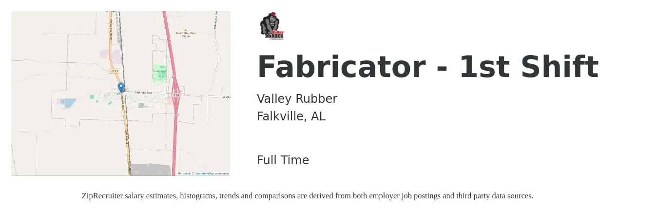 Valley Rubber job posting for a Fabricator - 1st Shift in Falkville, AL with a salary of $16 to $21 Hourly with a map of Falkville location.