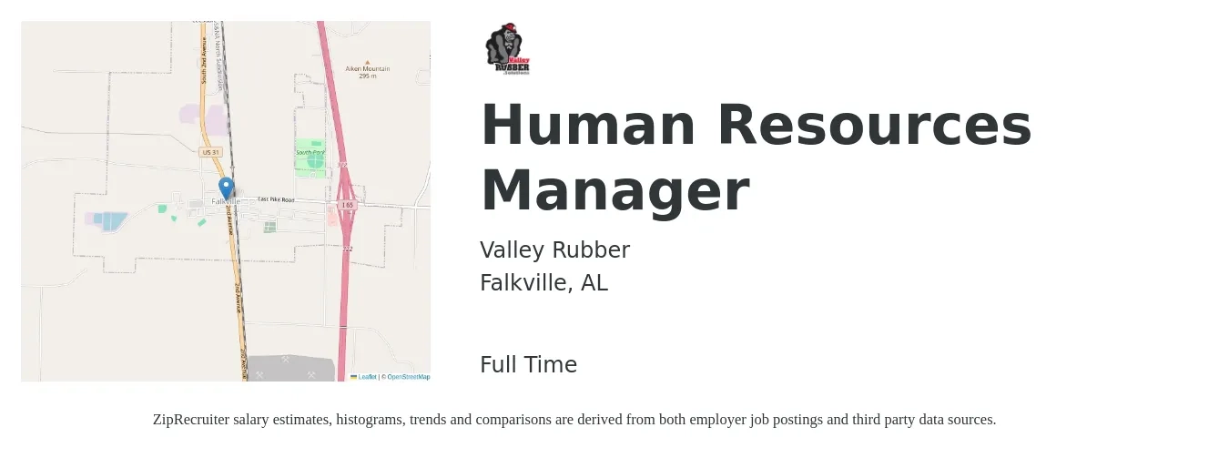Valley Rubber job posting for a Human Resources Manager in Falkville, AL with a salary of $60,500 to $87,700 Yearly with a map of Falkville location.