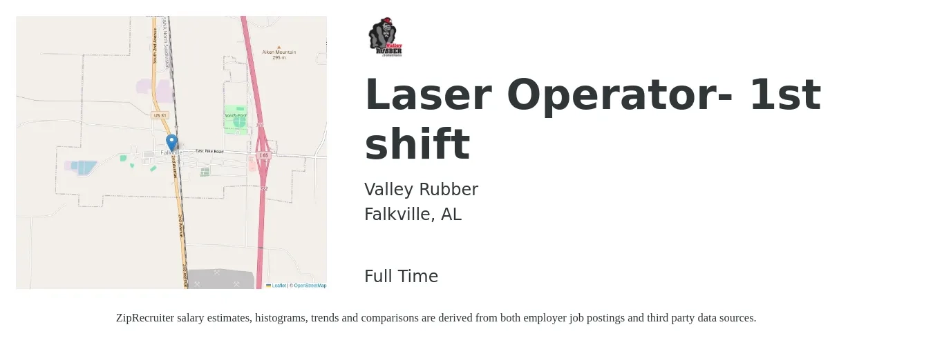 Valley Rubber job posting for a Laser Operator-1st shift in Falkville, AL with a salary of $16 to $20 Hourly with a map of Falkville location.
