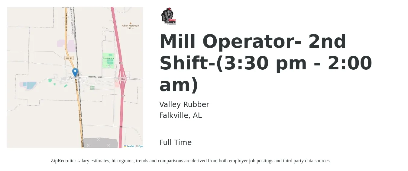 Valley Rubber job posting for a Mill Operator- 2nd Shift-(3:30 pm - 2:00 am) in Falkville, AL with a salary of $15 to $20 Hourly with a map of Falkville location.