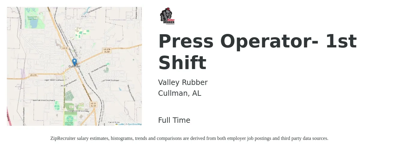 Valley Rubber job posting for a Press Operator- 1st Shift in Cullman, AL with a salary of $14 to $19 Hourly with a map of Cullman location.