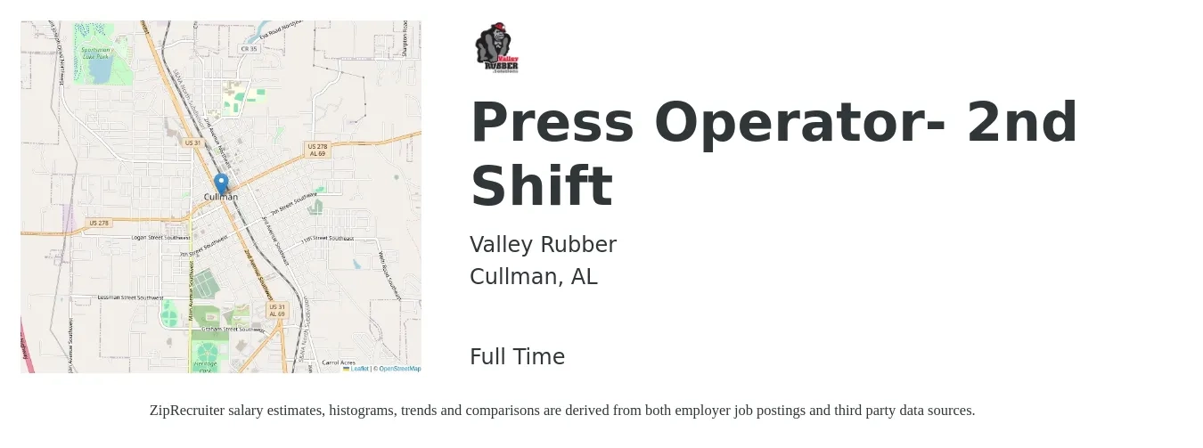 Valley Rubber job posting for a Press Operator- 2nd Shift in Cullman, AL with a salary of $14 to $19 Hourly with a map of Cullman location.