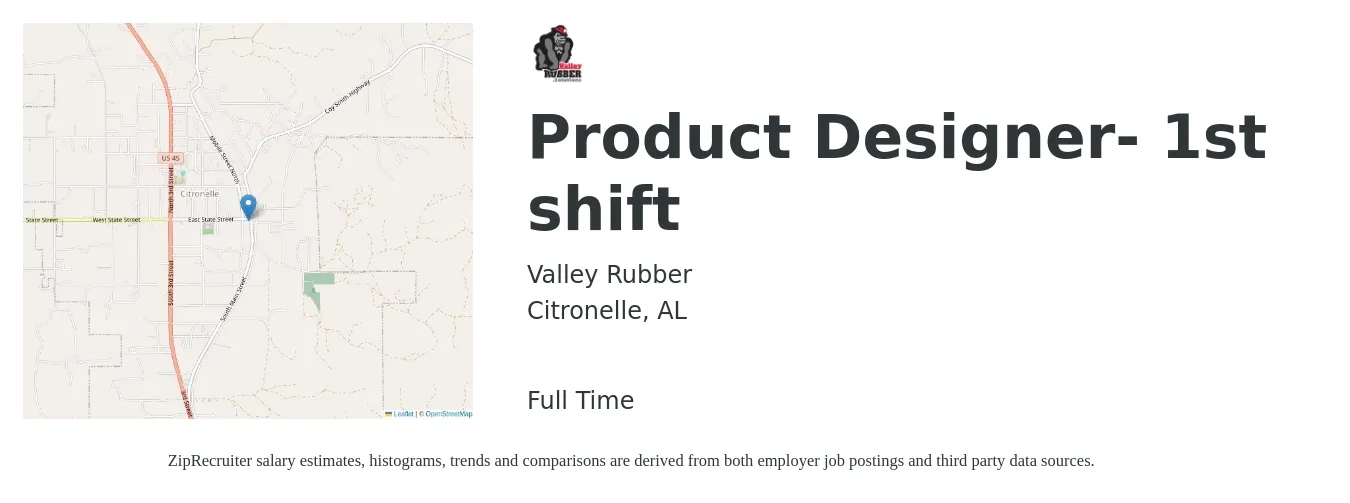 Valley Rubber job posting for a Product Designer- 1st shift in Citronelle, AL with a salary of $124,800 to $147,700 Yearly with a map of Citronelle location.