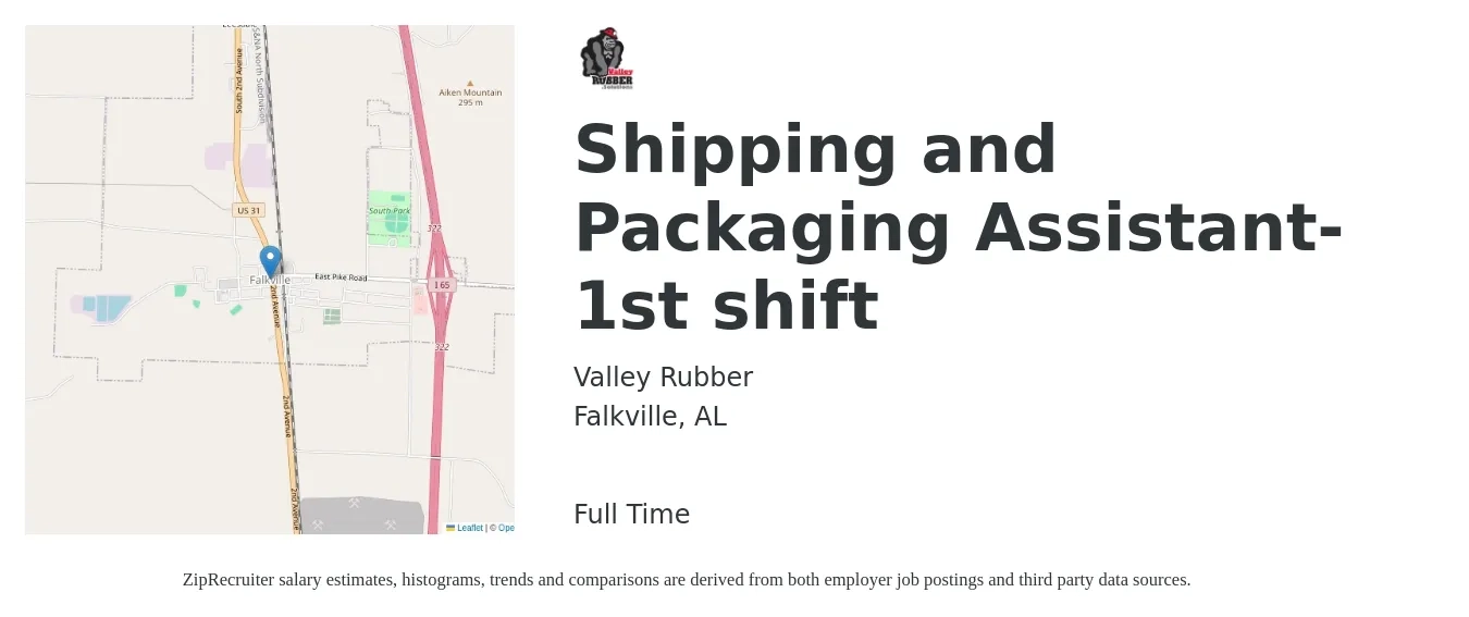 Valley Rubber job posting for a Shipping and Packaging Assistant- 1st shift in Falkville, AL with a salary of $14 to $18 Hourly with a map of Falkville location.