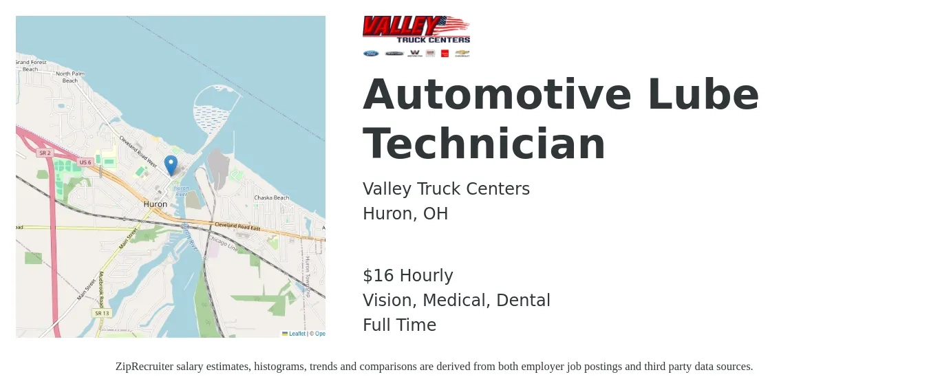 Valley Truck Centers job posting for a Automotive Lube Technician in Huron, OH with a salary of $17 Hourly and benefits including dental, life_insurance, medical, pto, retirement, and vision with a map of Huron location.