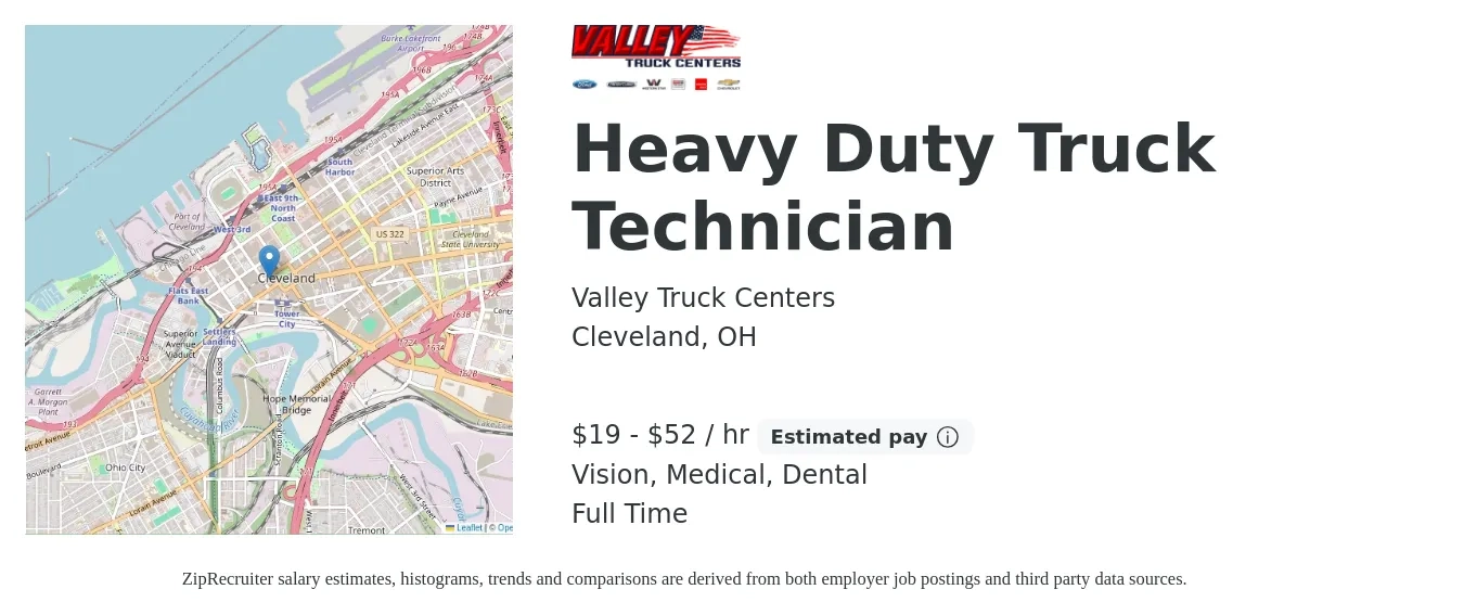 Valley Truck Centers job posting for a Heavy Duty Truck Technician in Cleveland, OH with a salary of $20 to $55 Hourly and benefits including retirement, vision, dental, life_insurance, medical, and pto with a map of Cleveland location.