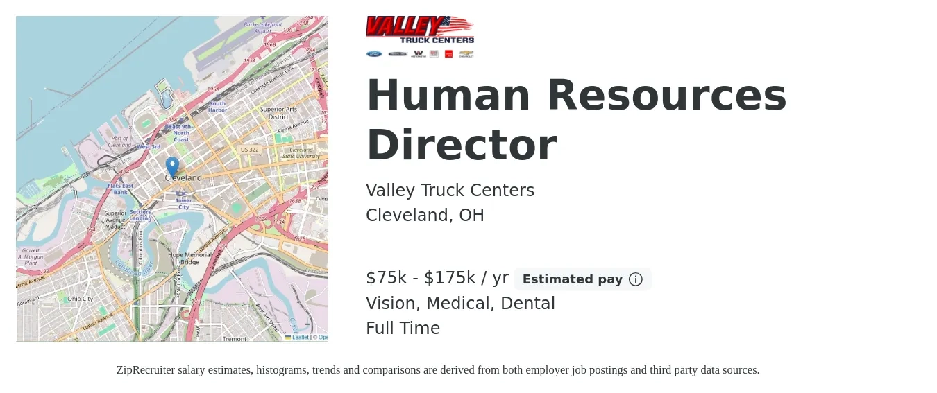 Valley Truck Centers job posting for a Human Resources Director in Cleveland, OH with a salary of $75,000 to $175,000 Yearly and benefits including life_insurance, medical, pto, retirement, vision, and dental with a map of Cleveland location.