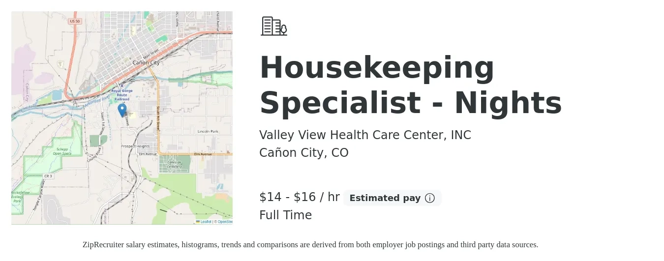 Valley View Health Care Center, INC job posting for a Housekeeping Specialist - Nights in Cañon City, CO with a salary of $15 to $17 Hourly with a map of Cañon City location.
