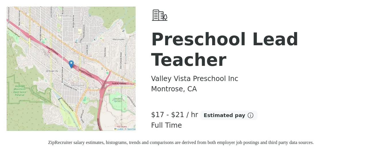 Valley Vista Preschool Inc job posting for a Preschool Lead Teacher in Montrose, CA with a salary of $18 to $22 Hourly with a map of Montrose location.