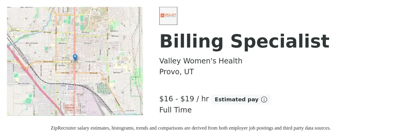 Valley Women's Health job posting for a Billing Specialist in Provo, UT with a salary of $17 to $20 Hourly with a map of Provo location.