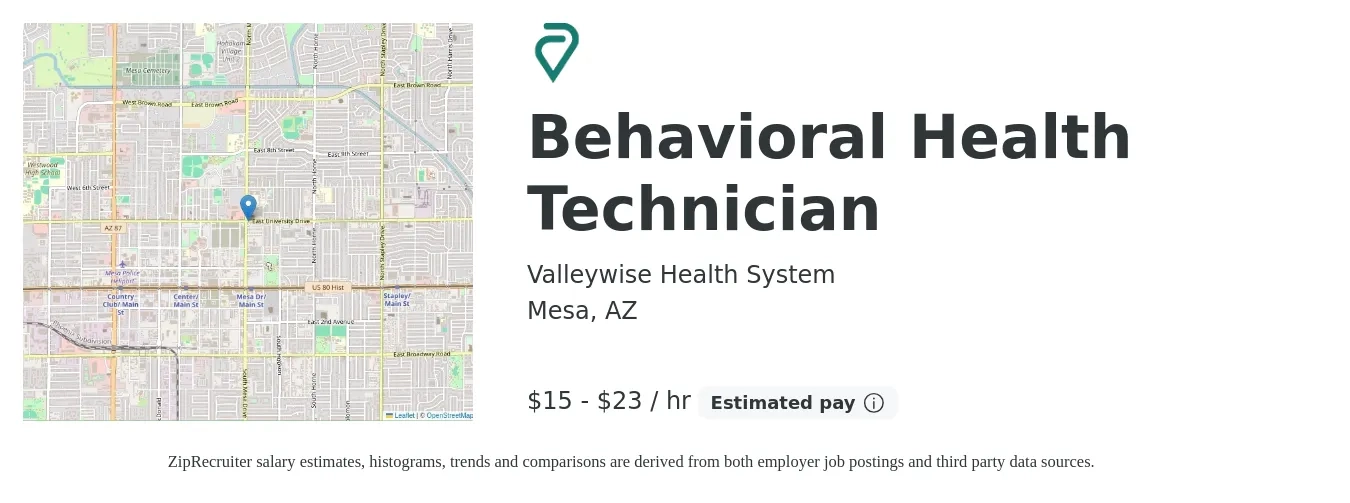 Valleywise Health System job posting for a Behavioral Health Technician in Mesa, AZ with a salary of $16 to $24 Hourly with a map of Mesa location.