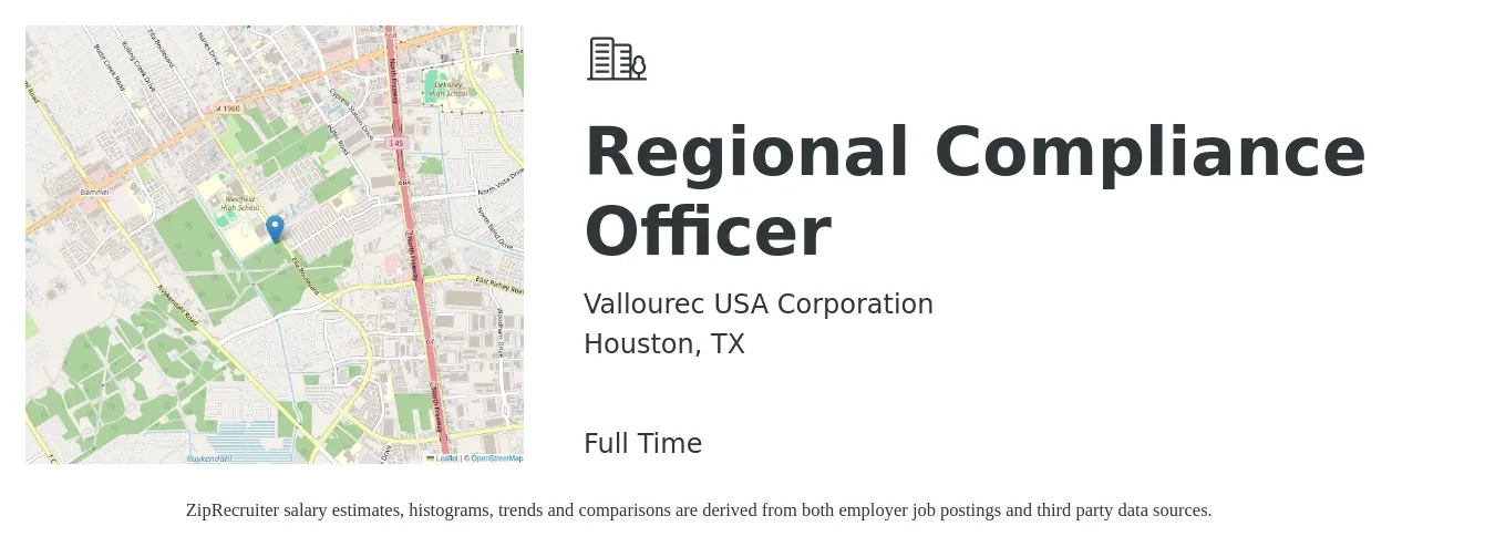 Vallourec USA Corporation job posting for a Regional Compliance Officer in Houston, TX with a salary of $59,600 to $111,400 Yearly with a map of Houston location.
