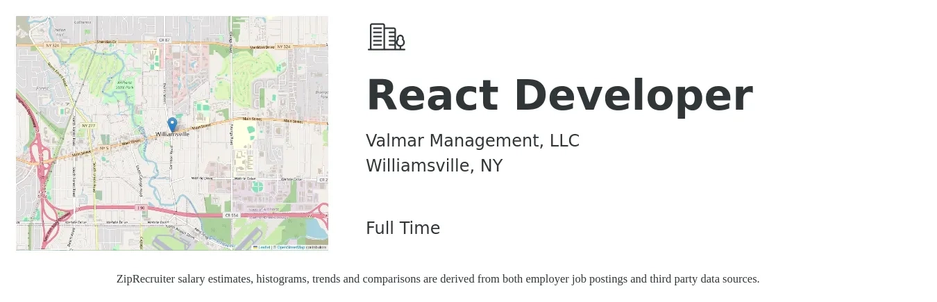 Valmar Management, LLC job posting for a React Developer in Williamsville, NY with a salary of $1,500 to $2,000 Weekly with a map of Williamsville location.