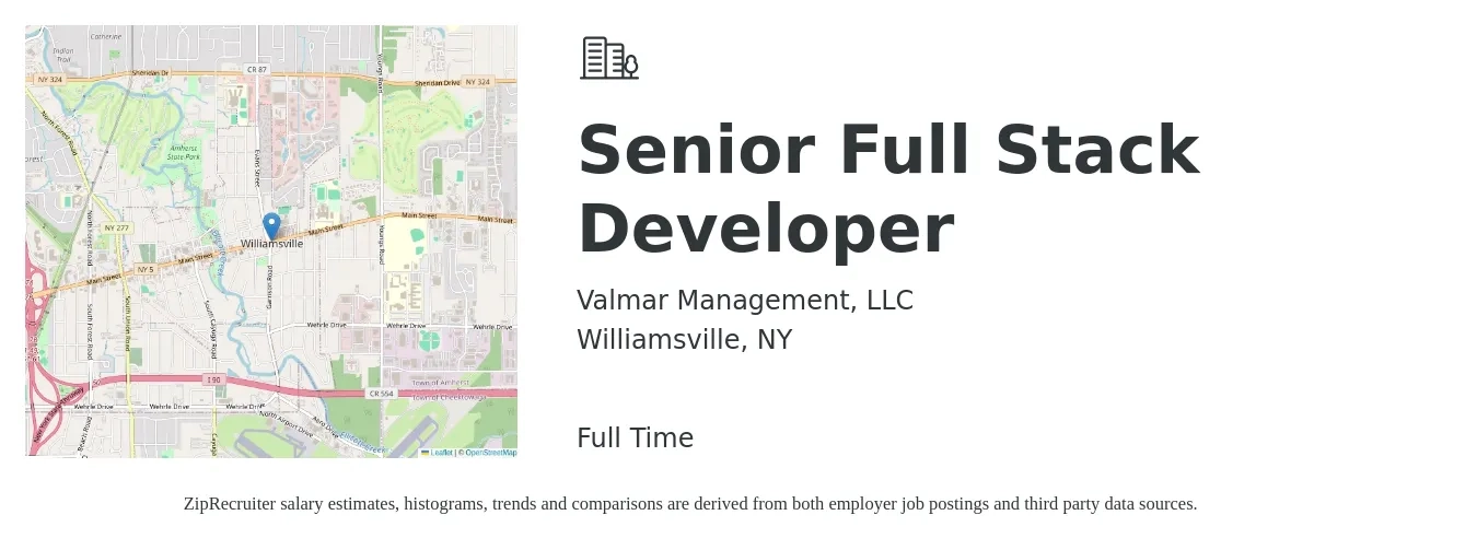 Valmar Management, LLC job posting for a Senior Full Stack Developer in Williamsville, NY with a salary of $2,400 to $2,900 Weekly with a map of Williamsville location.