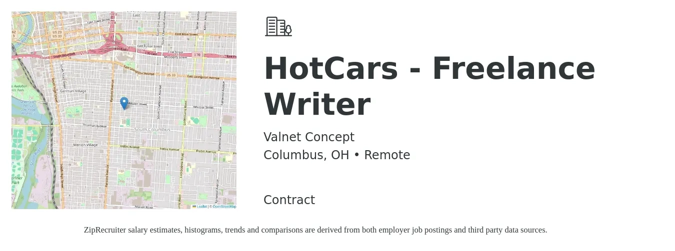 Valnet Concept job posting for a HotCars - Freelance Writer in Columbus, OH with a salary of $20 to $26 Hourly with a map of Columbus location.
