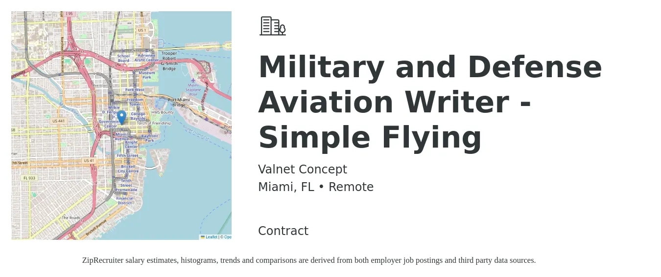 Valnet Concept job posting for a Military and Defense Aviation Writer - Simple Flying in Miami, FL with a salary of $26 to $48 Hourly with a map of Miami location.