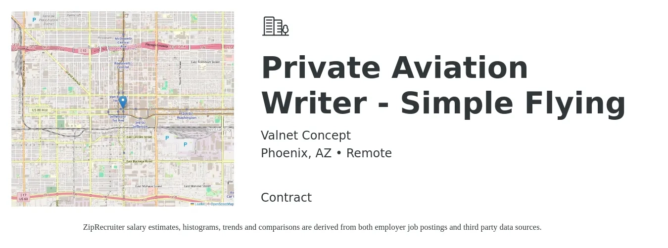 Valnet Concept job posting for a Private Aviation Writer - Simple Flying in Phoenix, AZ with a salary of $27 to $50 Hourly with a map of Phoenix location.