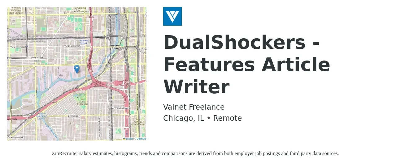 Valnet Freelance job posting for a DualShockers - Features Article Writer in Chicago, IL with a salary of $25 to $50 Hourly with a map of Chicago location.
