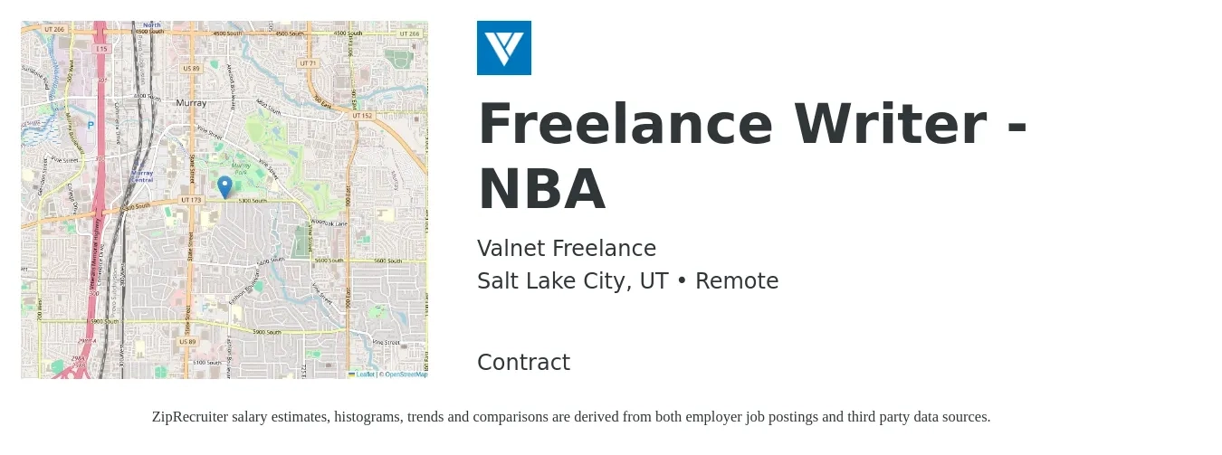 Valnet Freelance job posting for a Freelance Writer - NBA in Salt Lake City, UT with a salary of $20 to $26 Hourly with a map of Salt Lake City location.