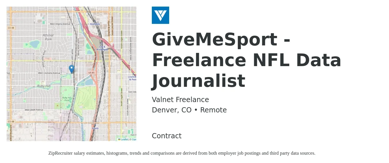 Valnet Freelance job posting for a GiveMeSport - Freelance NFL Data Journalist in Denver, CO with a salary of $37,100 to $81,300 Yearly with a map of Denver location.