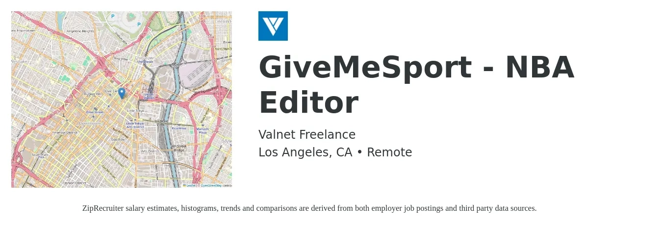 Valnet Freelance job posting for a GiveMeSport - NBA Editor in Los Angeles, CA with a salary of $29 to $45 Hourly with a map of Los Angeles location.