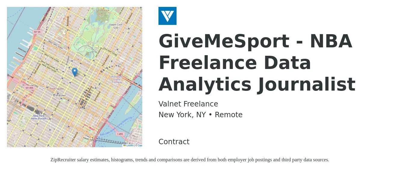 Valnet Freelance job posting for a GiveMeSport - NBA Freelance Data Analytics Journalist in New York, NY with a salary of $39,400 to $86,400 Yearly with a map of New York location.