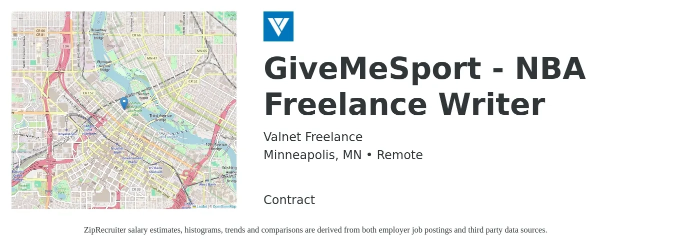 Valnet Freelance job posting for a GiveMeSport - NBA Freelance Writer in Minneapolis, MN with a salary of $22 to $28 Hourly with a map of Minneapolis location.
