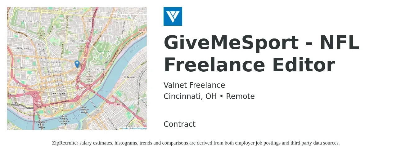 Valnet Freelance job posting for a GiveMeSport - NFL Freelance Editor in Cincinnati, OH with a salary of $21 to $40 Hourly with a map of Cincinnati location.